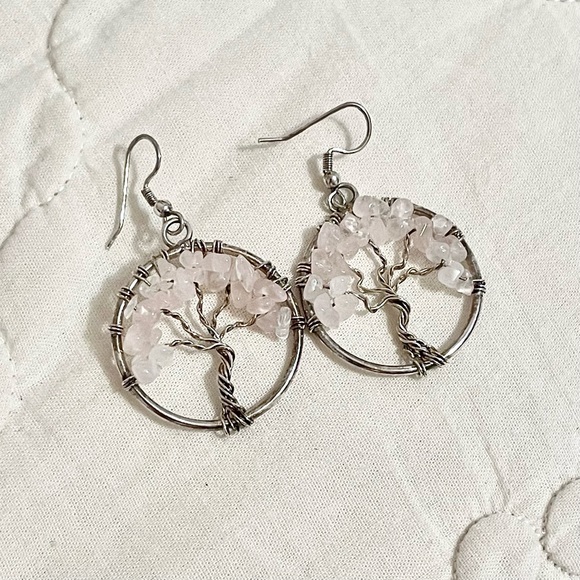 Tree of Life Rose Quartz Dangle Earrings - Picture 2 of 3